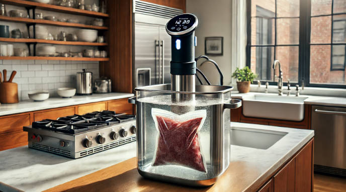 Sealed bag containing frozen steak